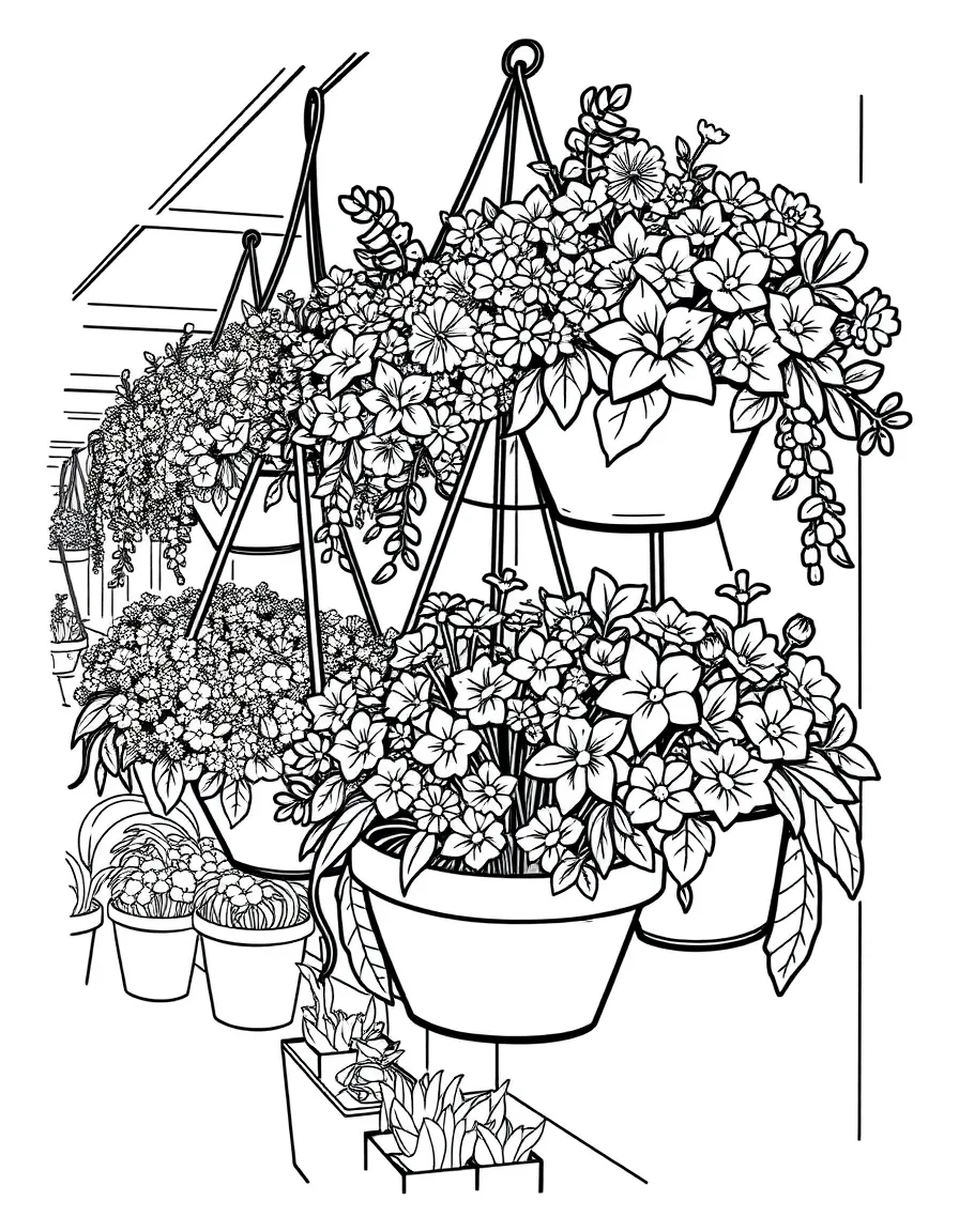 Hanging baskets of spring flowers at a garden center