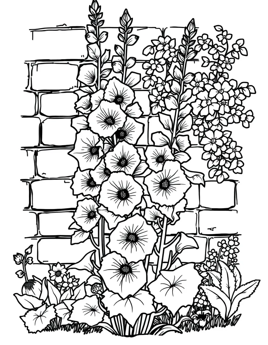 Hollyhocks growing against a garden wall
