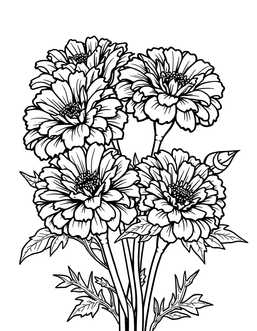 Marigolds with their ruffled sunny blooms