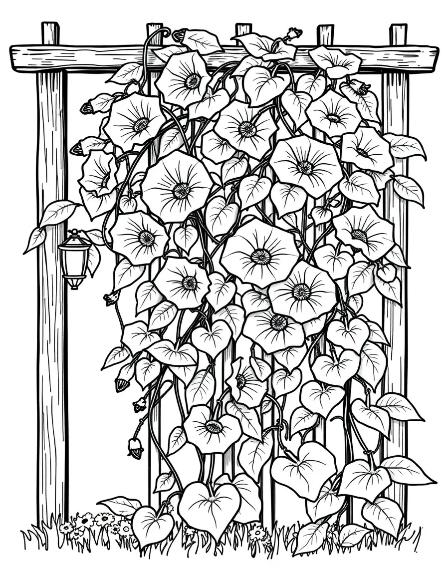 Morning glories climbing a trellis in early spring