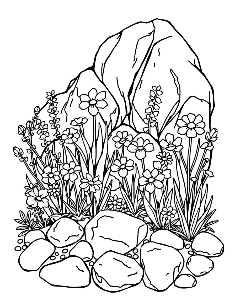 Rock garden with spring alpine flowers and decorative stones