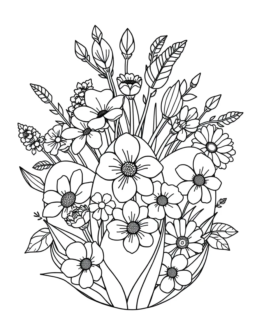 Spring flowers arranged in the shape of Easter eggs