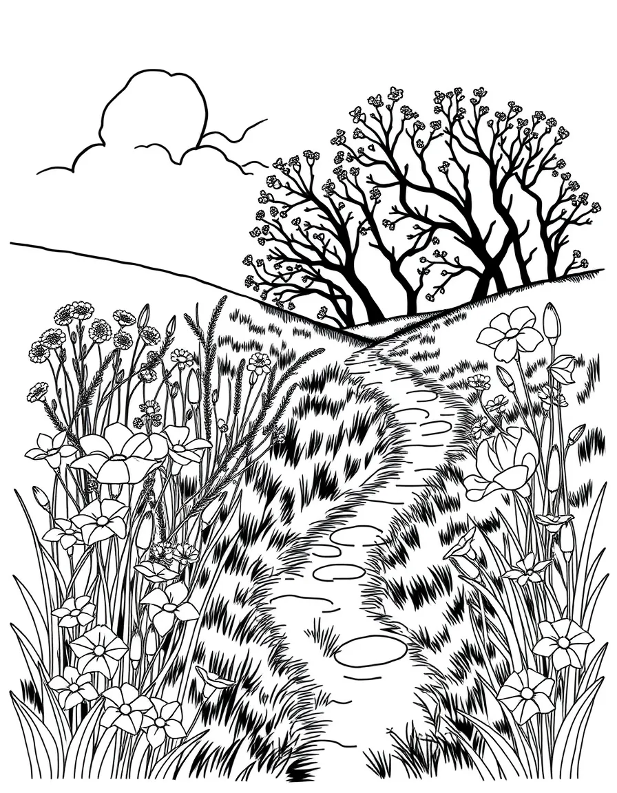Spring flowers in a meadow with a path winding through