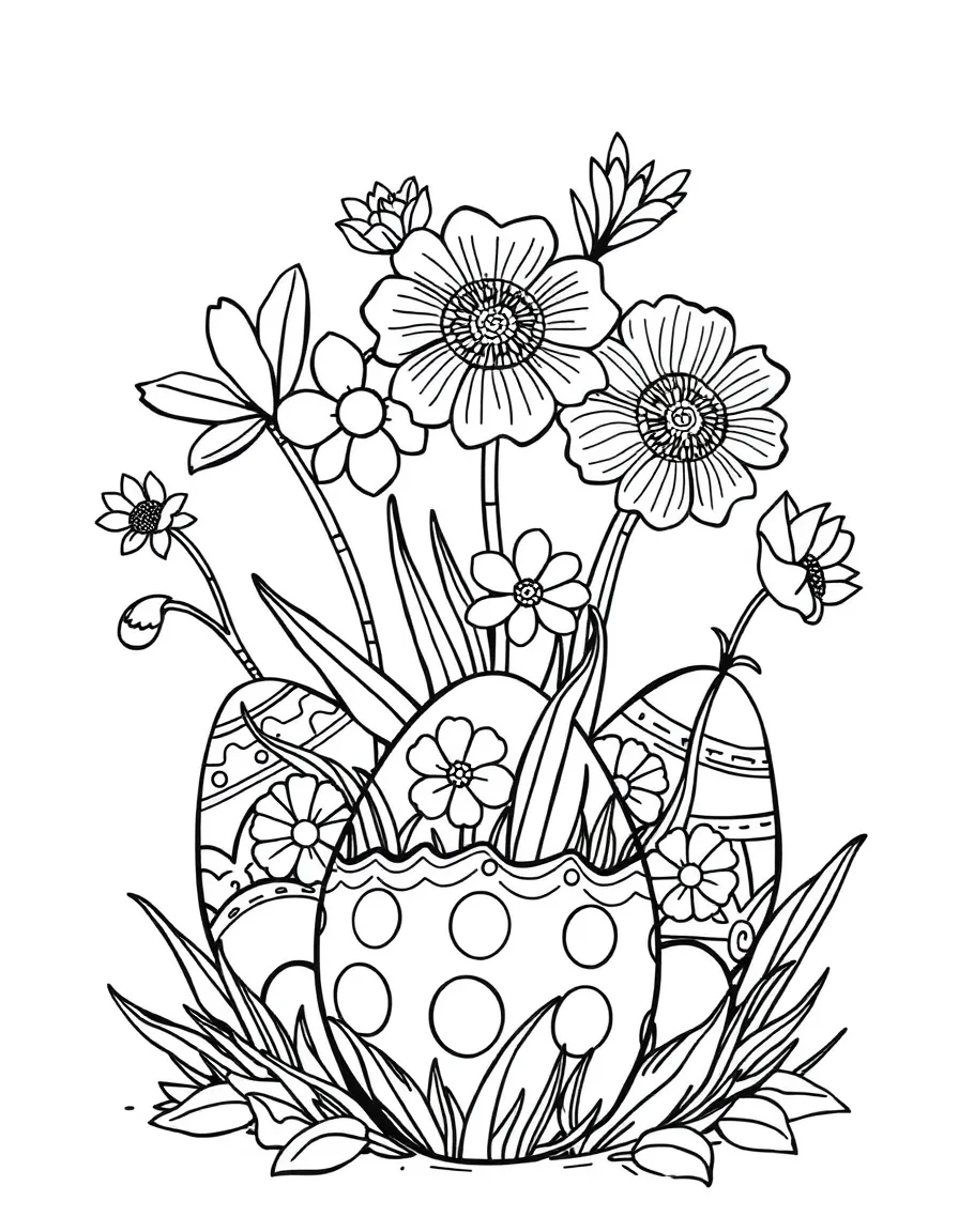 Spring flowers sprouting from Easter eggs