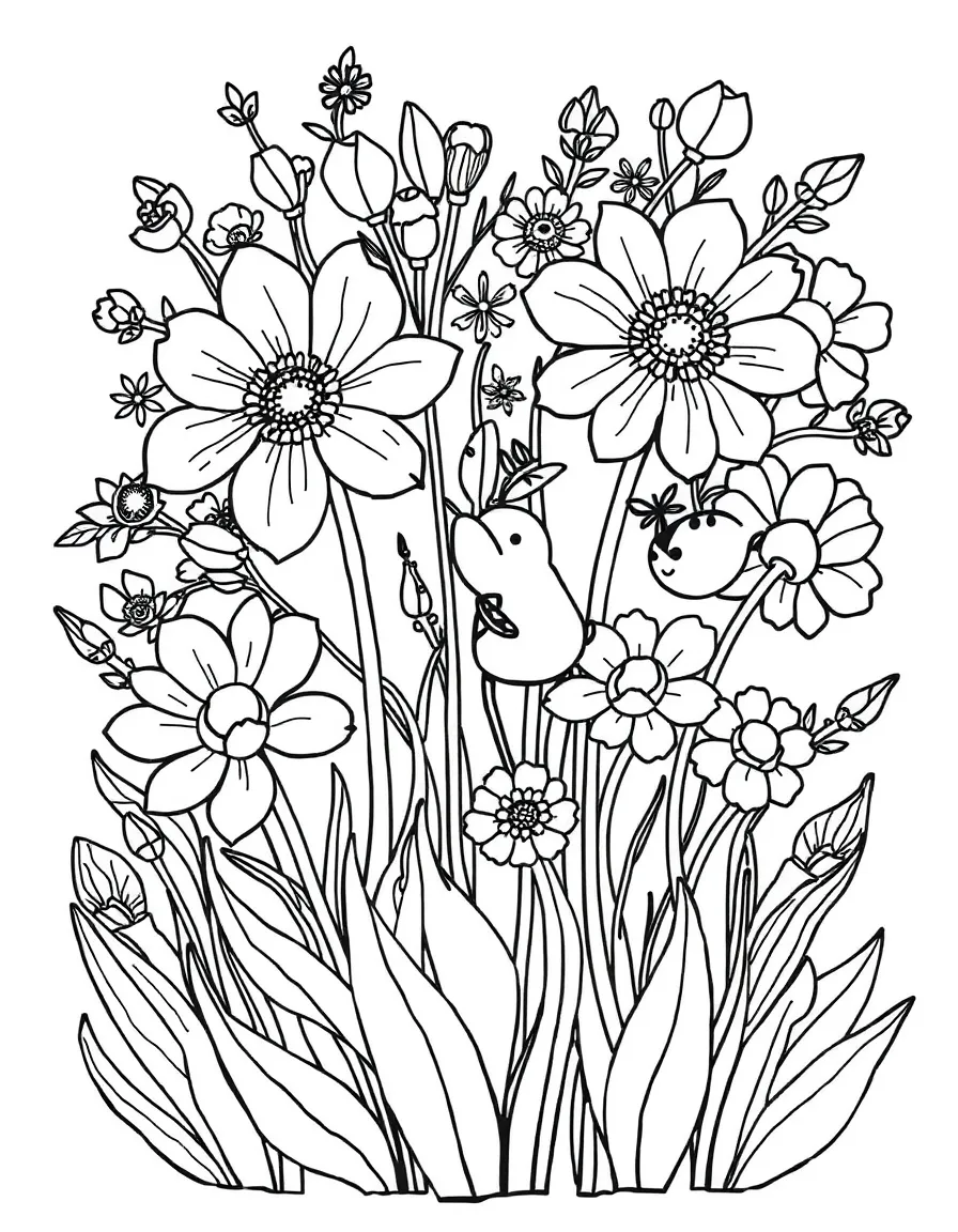 Spring flowers with garden creatures hidden among them