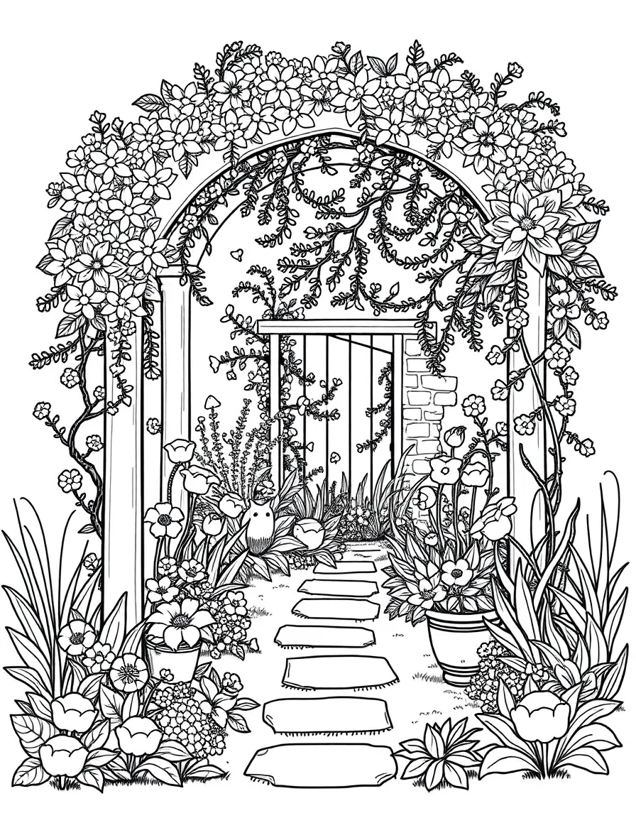 Spring garden with arbors, trellises and decorative features