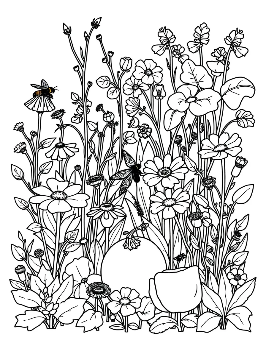Vegetable garden with flowering plants for pollinators