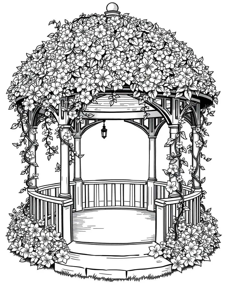 Vine-covered gazebo with spring flowers cascading down