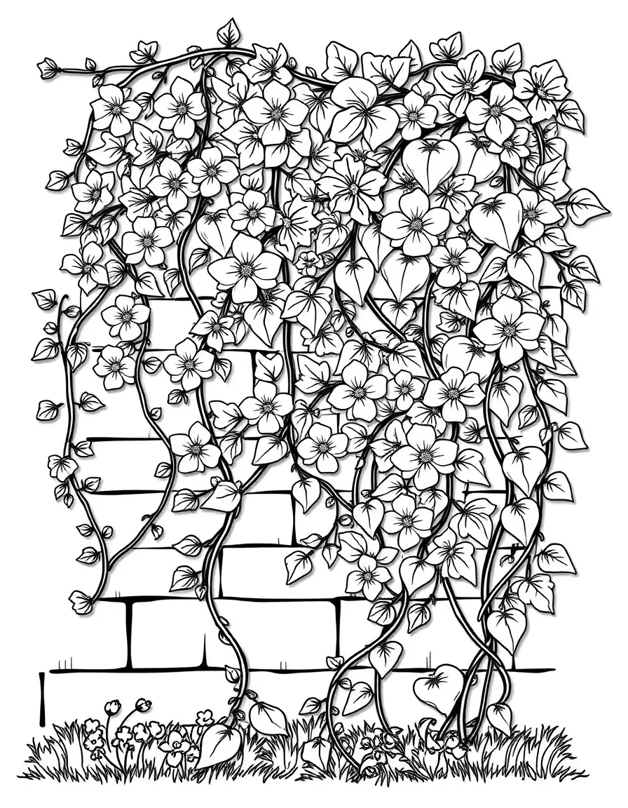 Vines with spring flowers climbing up a garden wall