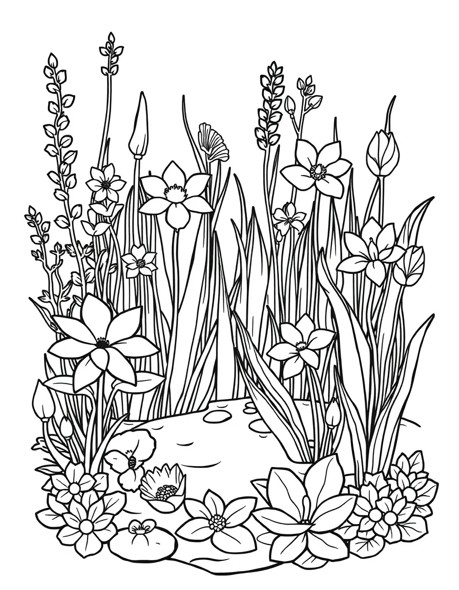 Water garden with spring-blooming aquatic plants