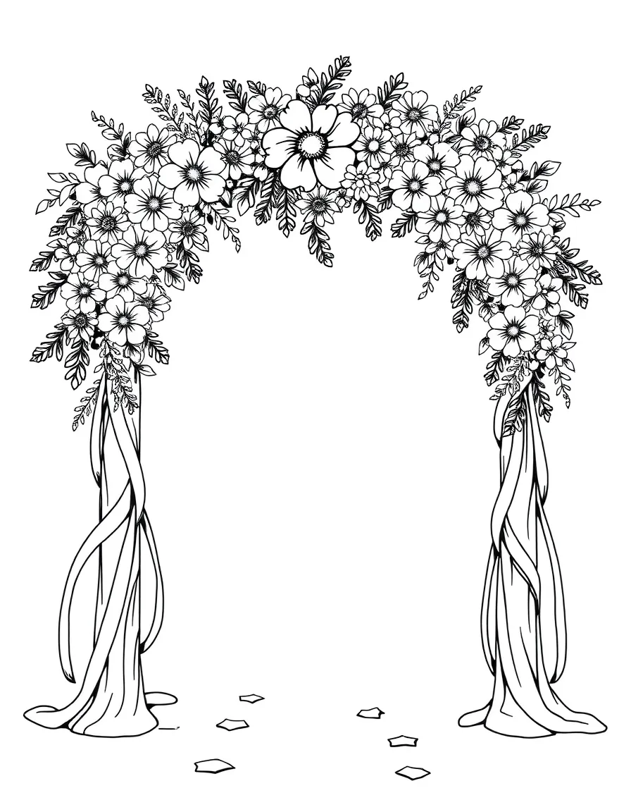 Wedding arch decorated with spring flowers and ribbons