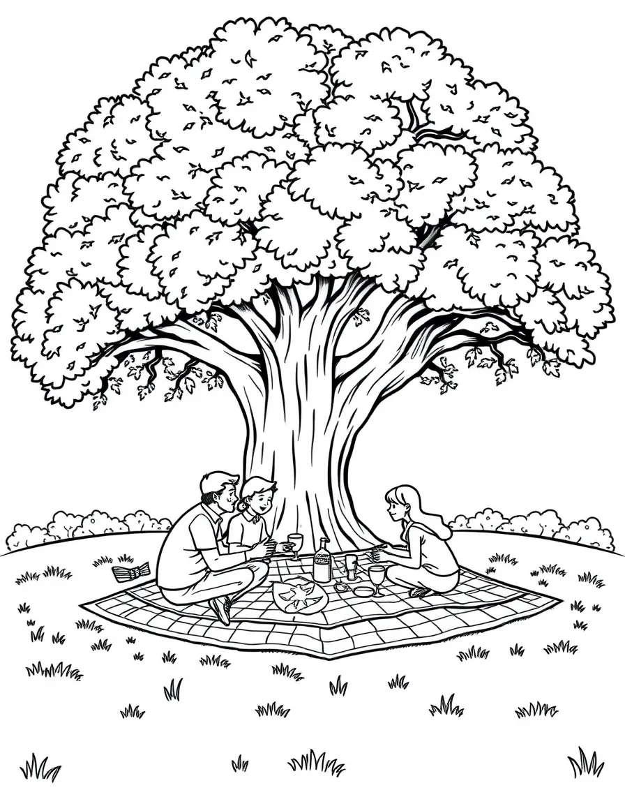 A family having a picnic under a large oak tree with a checkered blanket