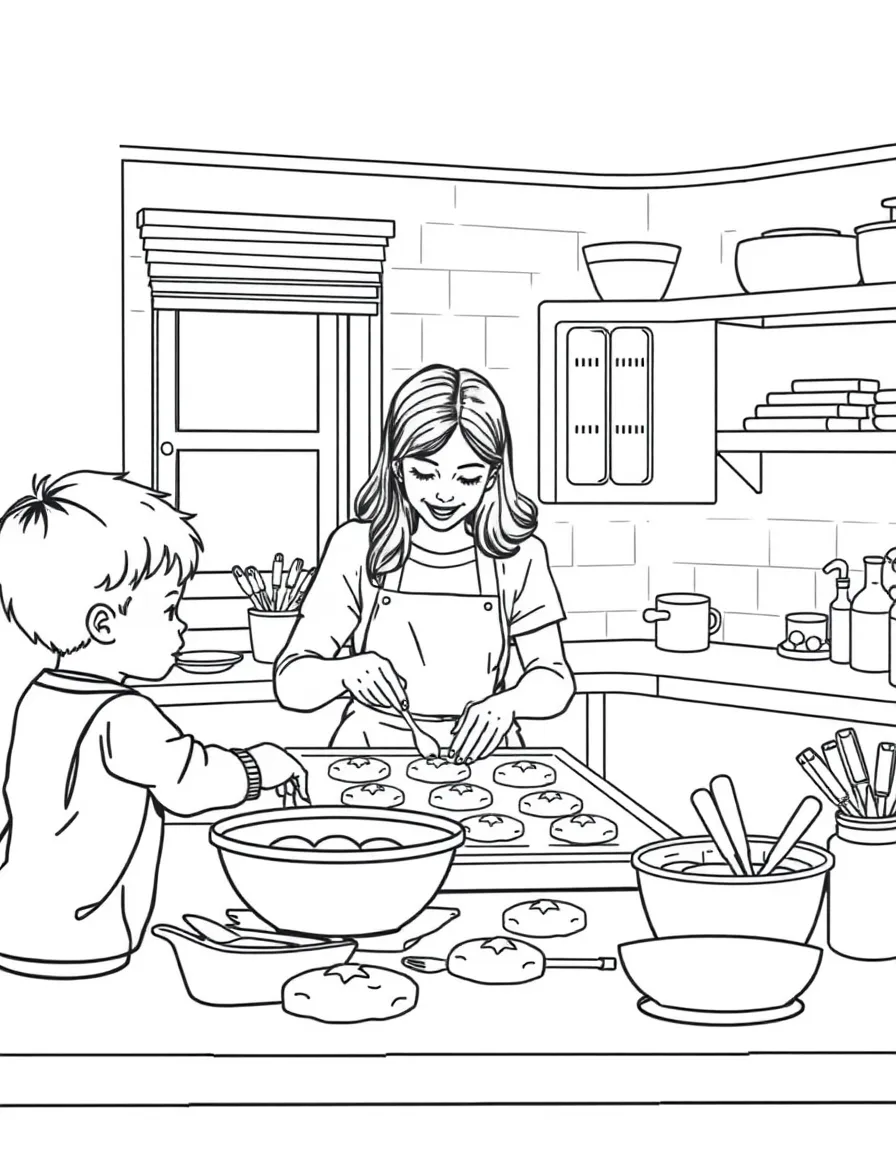 Parents teaching children how to bake cookies in a detailed kitchen