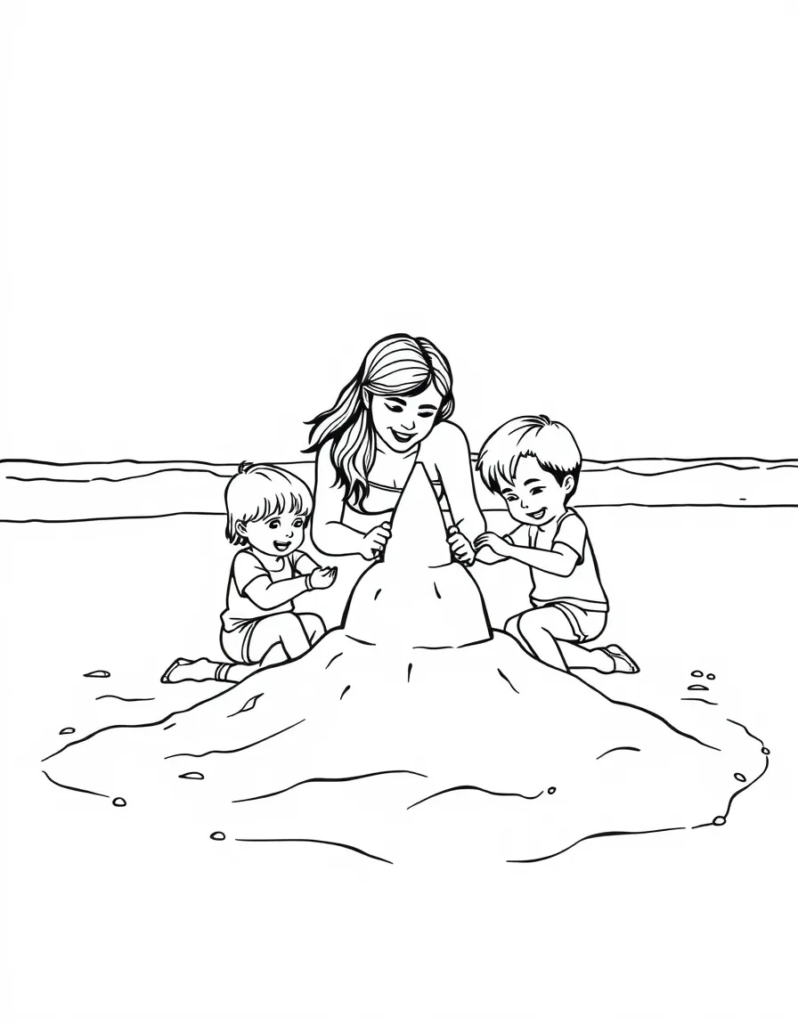 Parents and children building a sandcastle at the beach