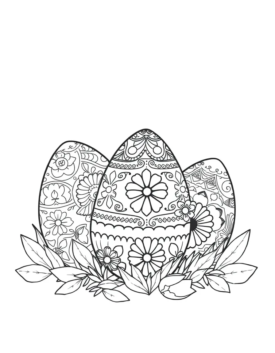 Family decorating Easter eggs with intricate patterns
