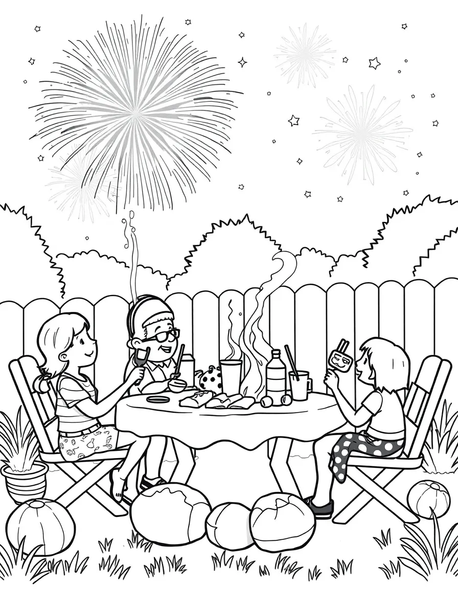 Fourth of July family barbecue with fireworks in the sky