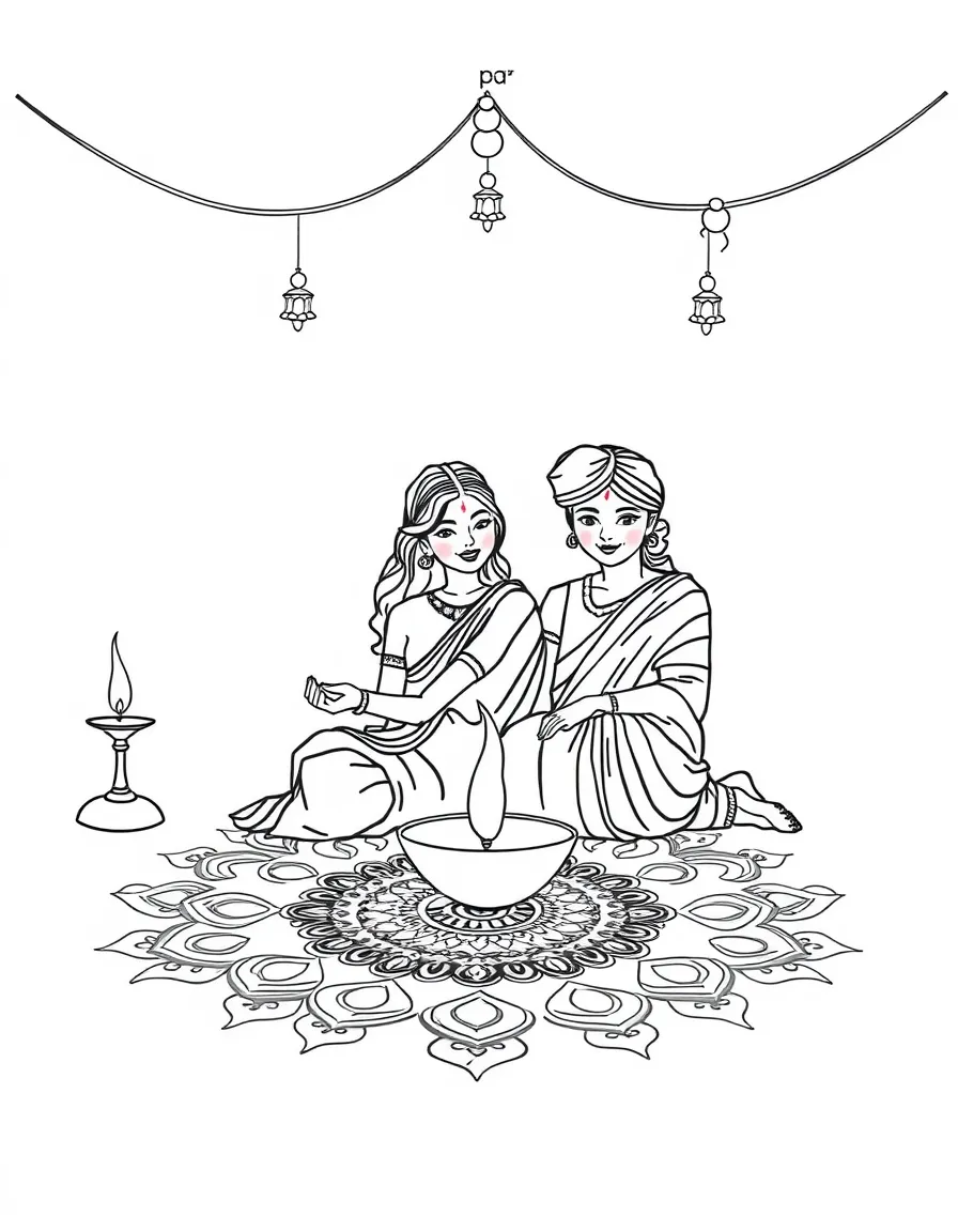 Family Diwali celebration with lamps and rangoli patterns