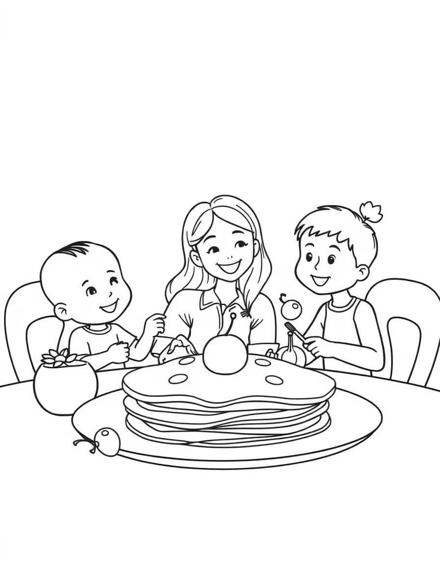 Family breakfast scene with pancakes and fruit