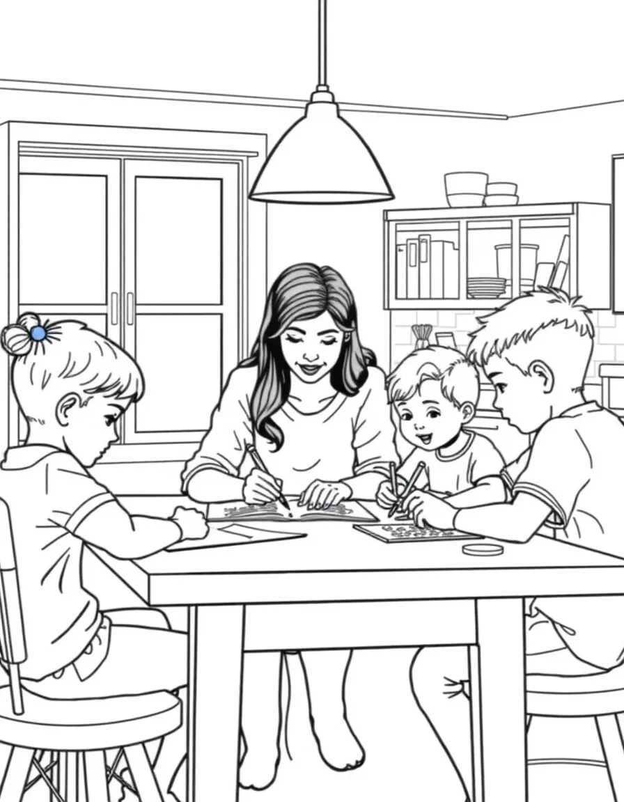 Parents helping children with homework at the kitchen table
