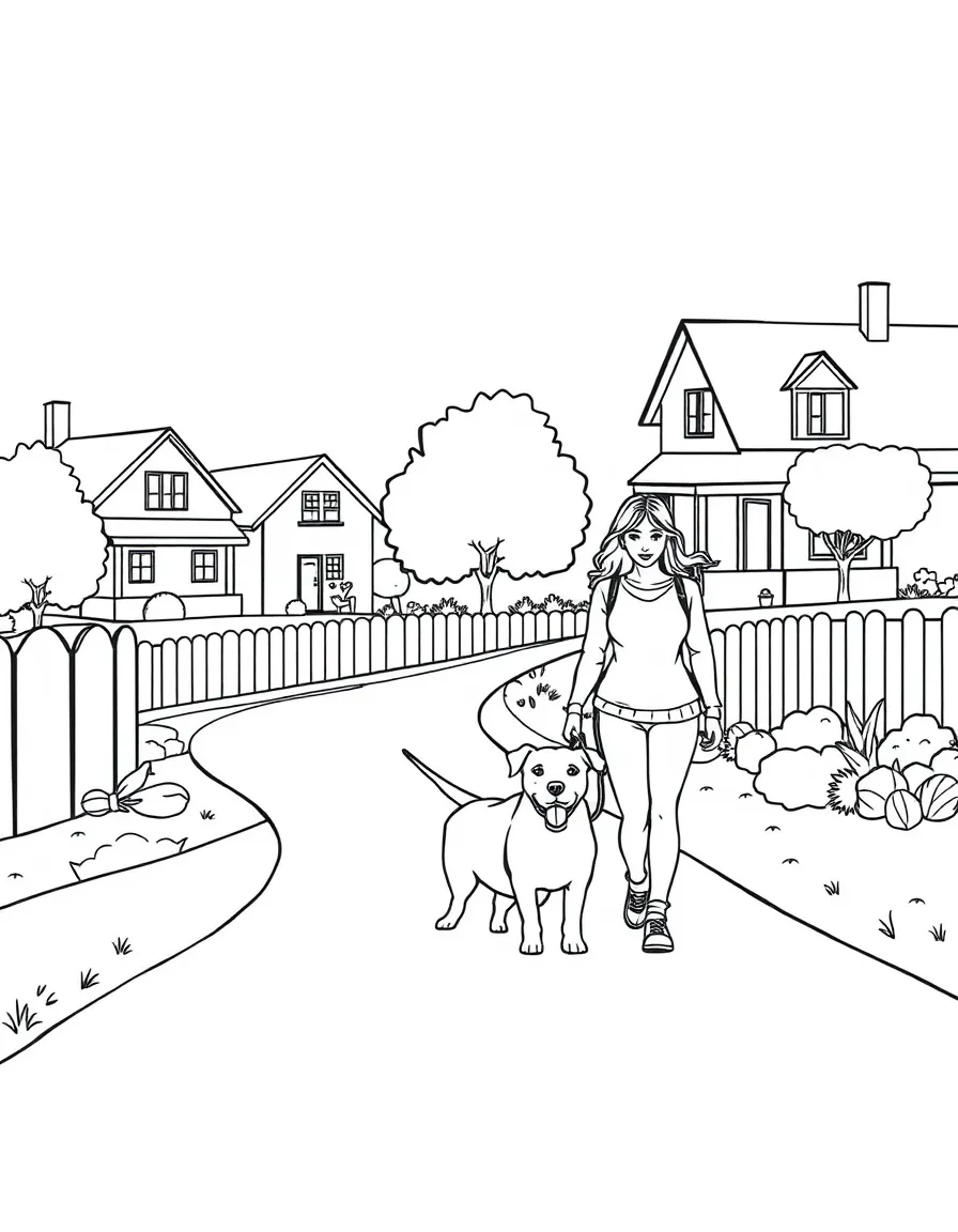 Family walking their dog in a neighborhood with houses