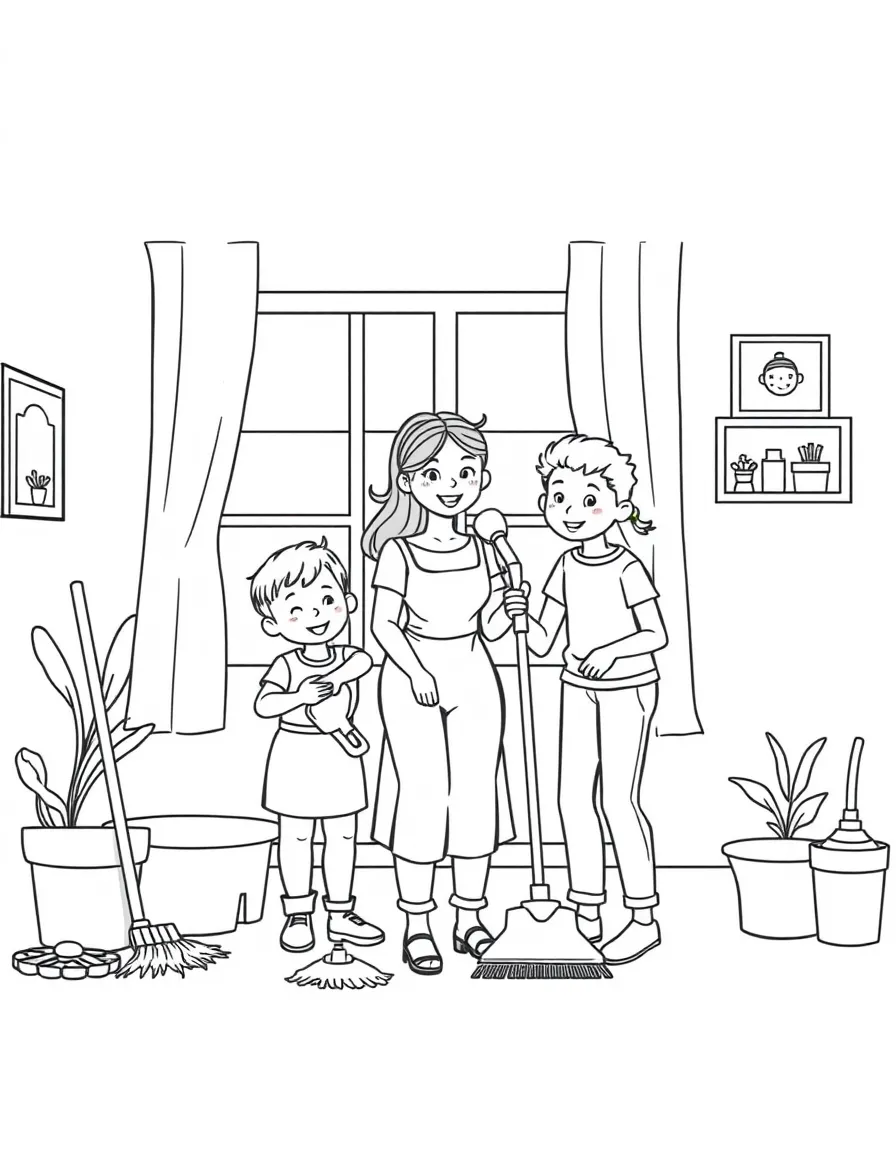 Family cleaning the house together with various cleaning tools