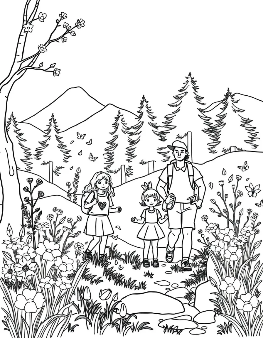 Spring family hike with blooming flowers and trees