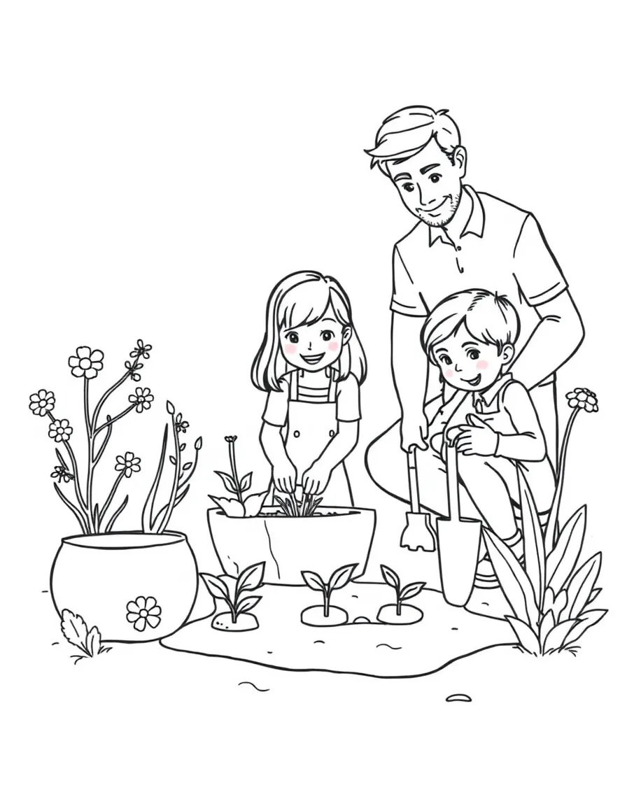 Spring family garden planting with seeds and tools