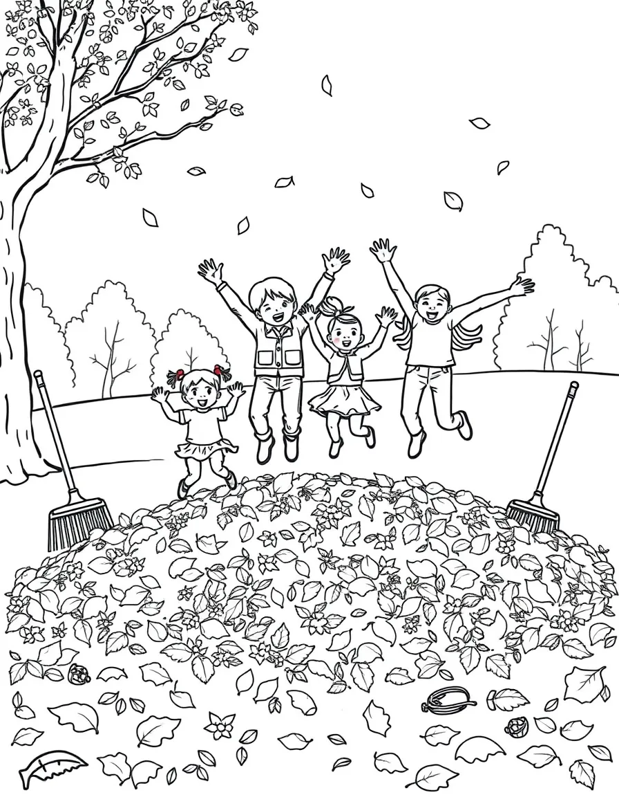 Family jumping in fall leaf piles with rakes nearby