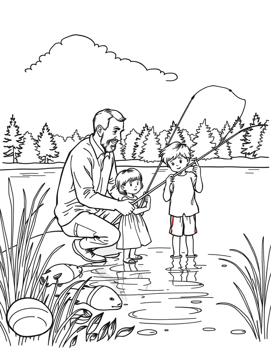Grandparents teaching grandchildren to fish at a lake