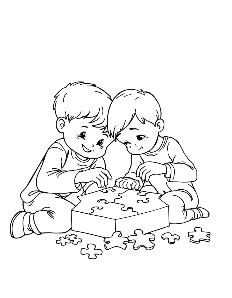Siblings helping each other with a difficult puzzle