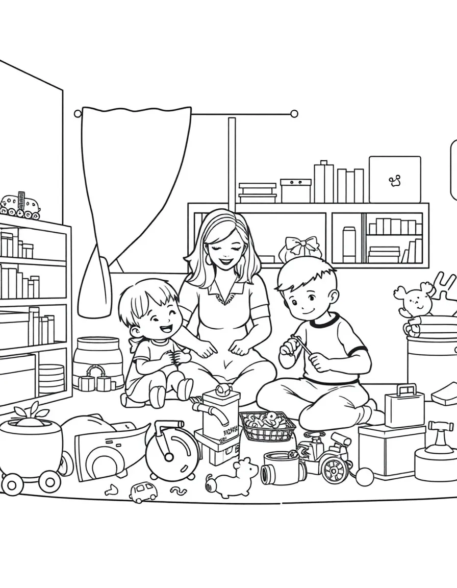 Family organizing toys in a playroom