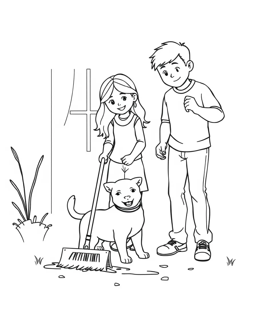 Family cleaning up after a pet with broom and dustpan