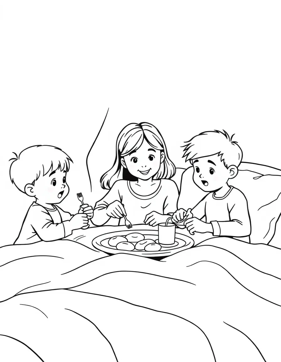 Children making breakfast in bed for parents