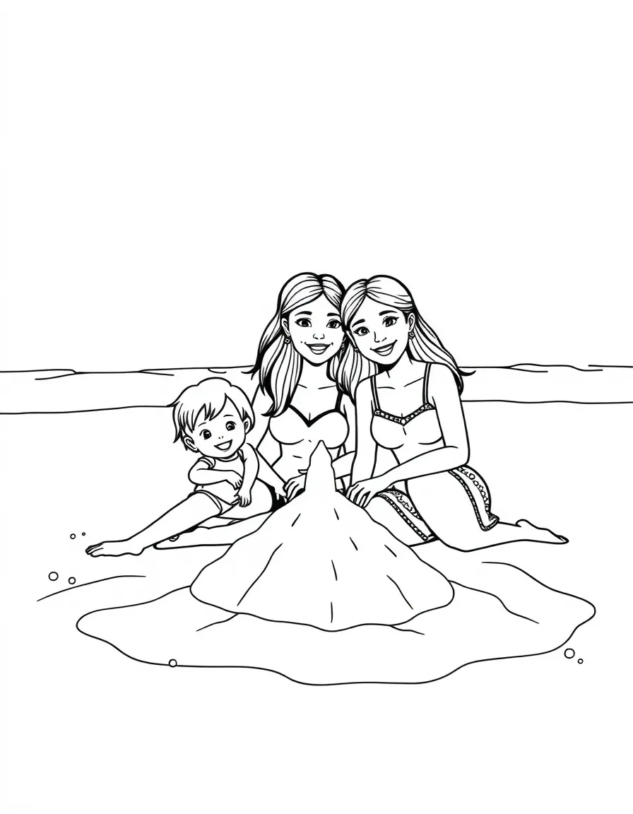Two-mom family having a beach day with sandcastles