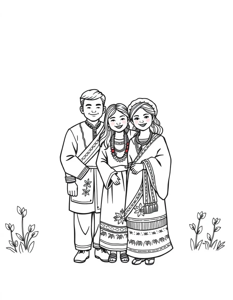 Family celebrating cultural heritage with traditional clothing