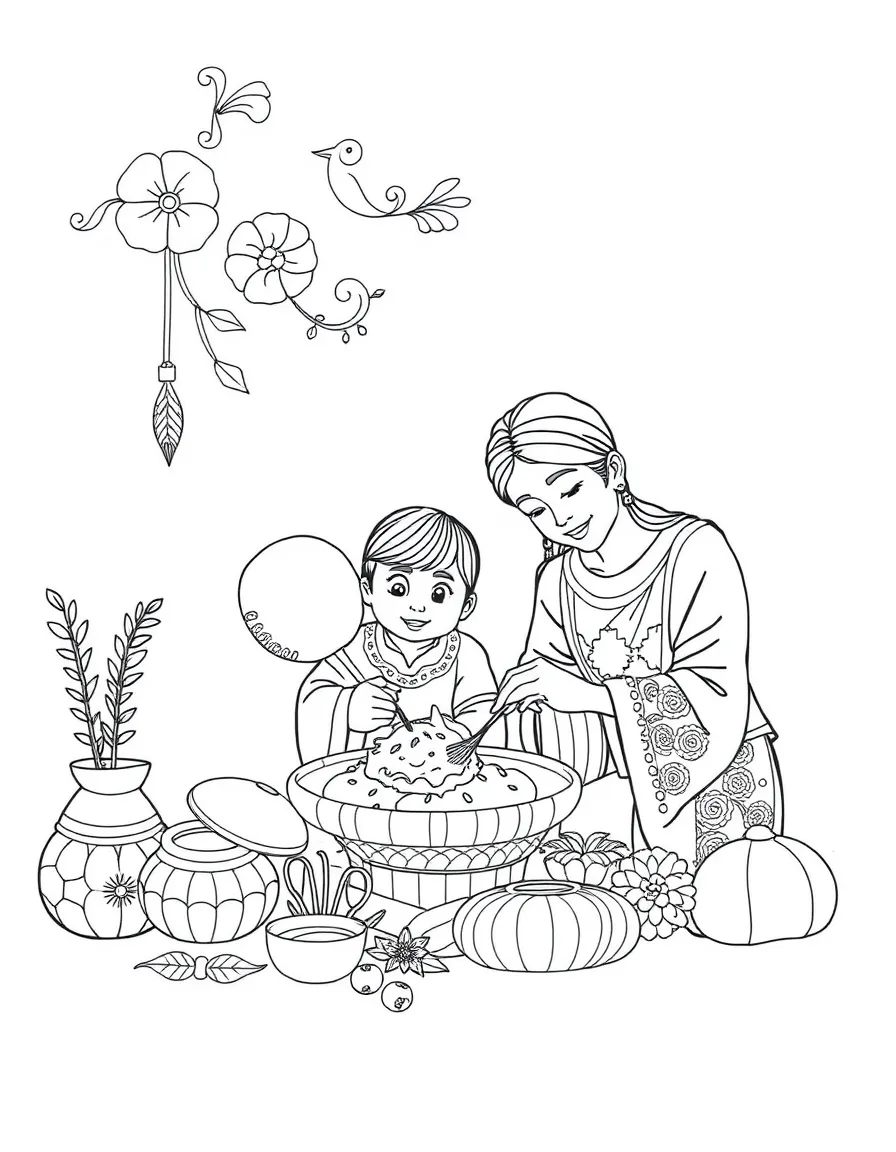 Family making traditional crafts with detailed patterns