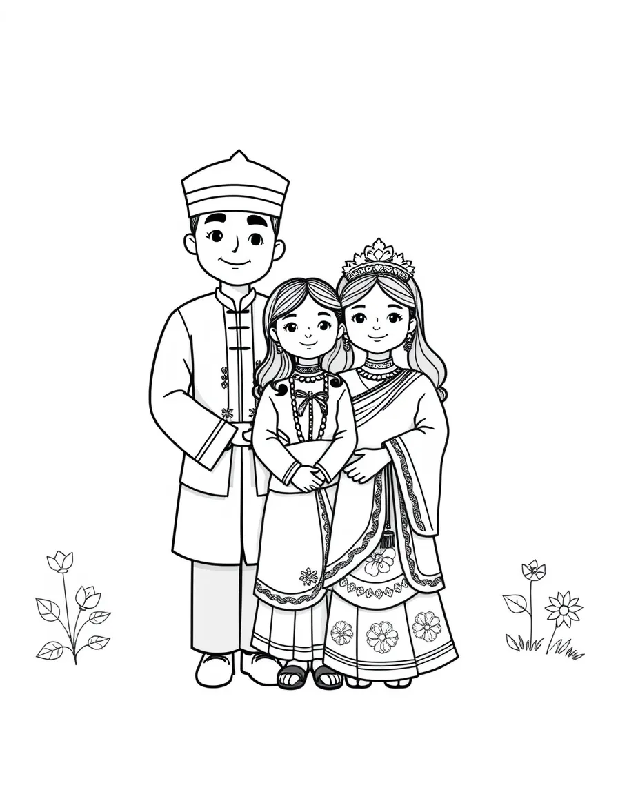 Family wearing traditional outfits for a special occasion