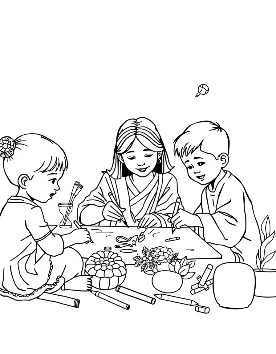 Family creating cultural art projects together