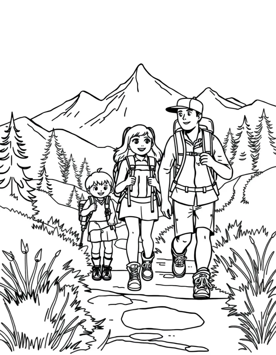 Family on a hiking trail with backpacks and water bottles
