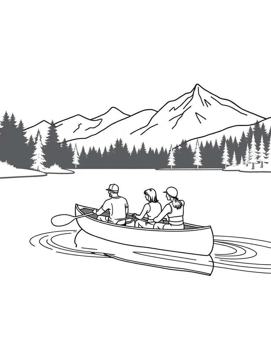 Family canoeing on a lake with trees and mountains