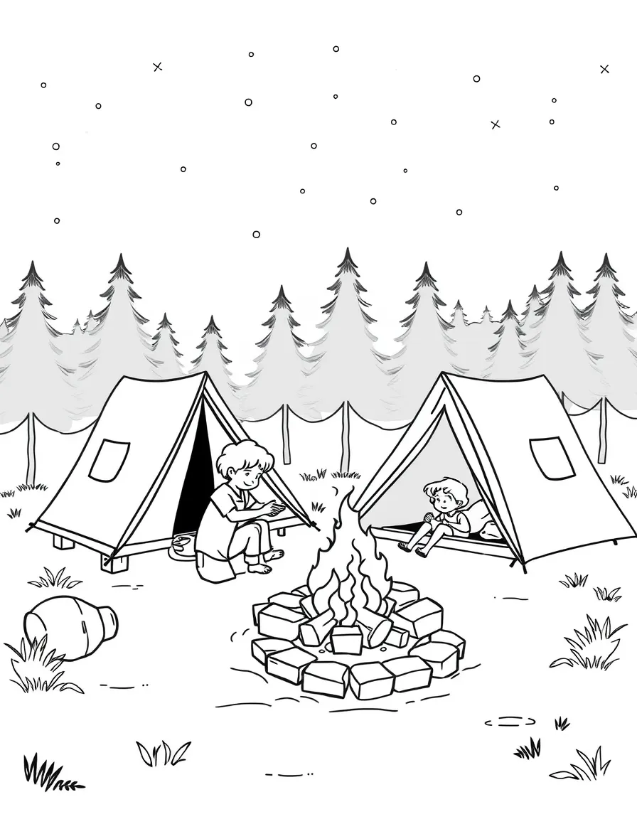 Family camping trip setting up tents and campfire