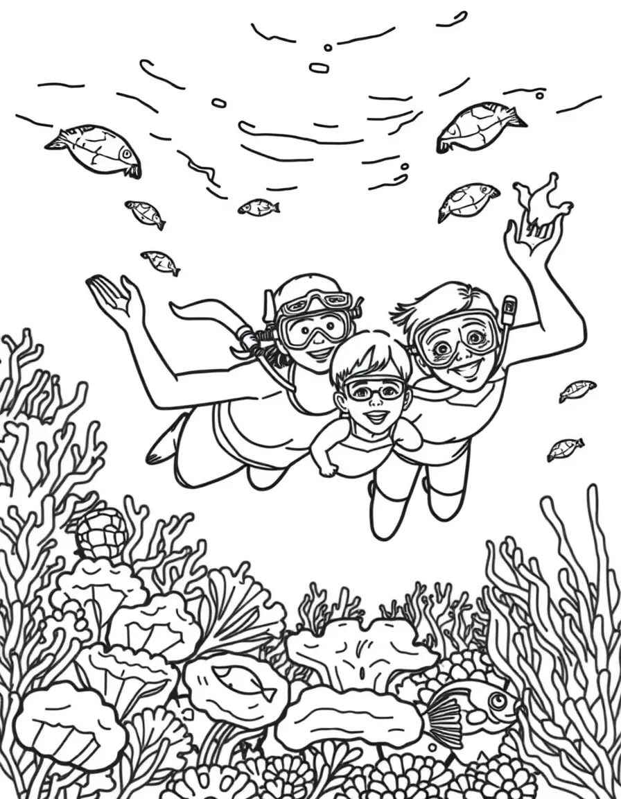 Family snorkeling at a coral reef with fish and plants