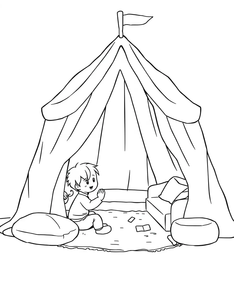 Children building a fort with blankets and furniture