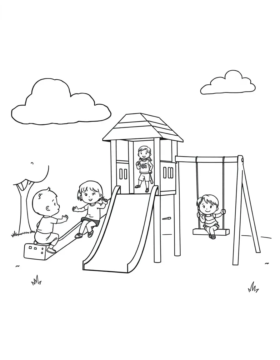 Kids playing on a playground with slides and swings