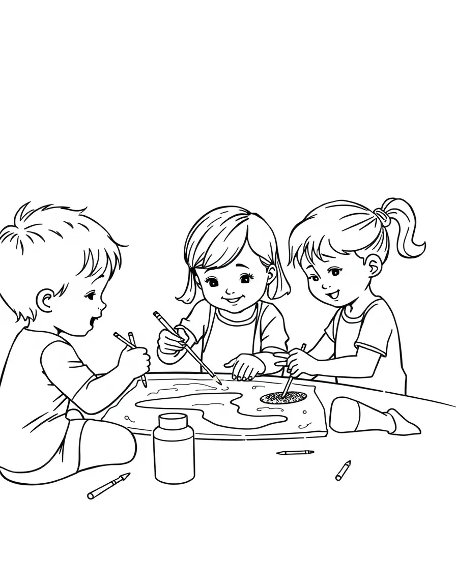 Children making art projects with paint and glitter