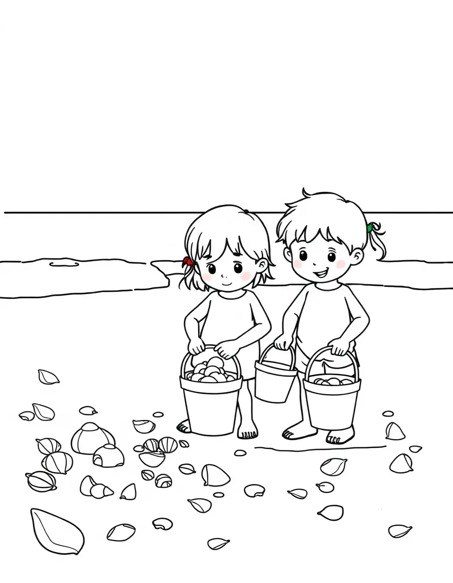 Children collecting shells at the beach with buckets