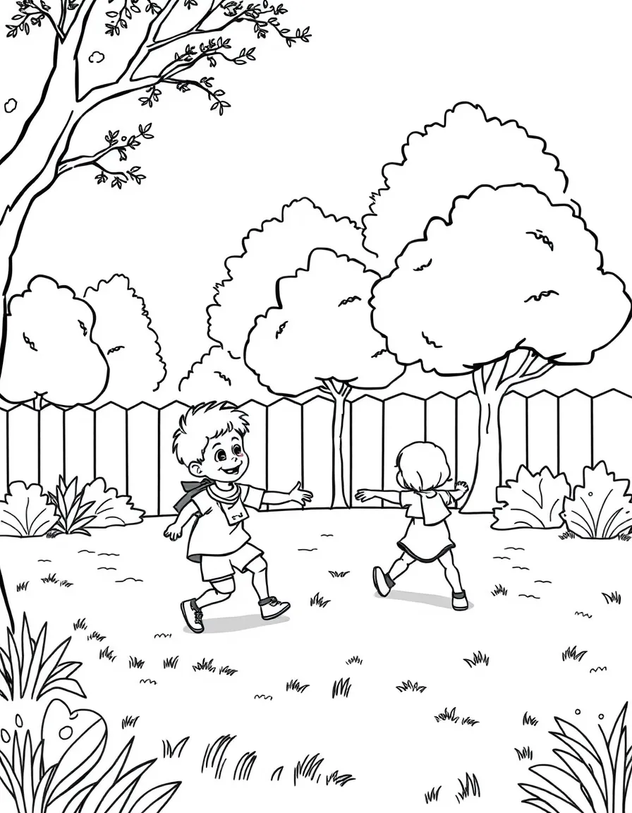 Children playing tag in a backyard with trees