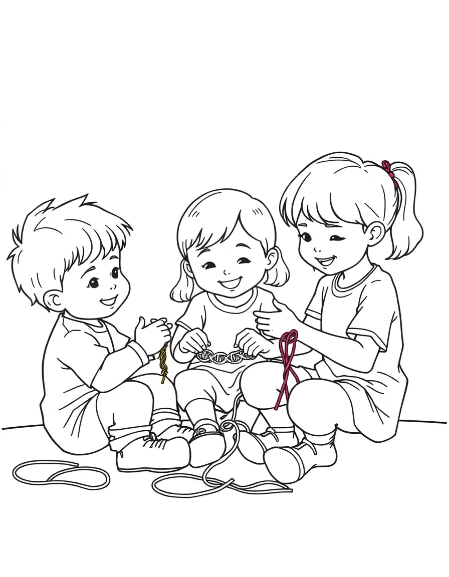 Kids making friendship bracelets with colorful threads