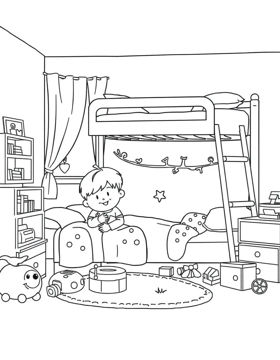 Siblings sharing a bedroom with bunk beds and toys