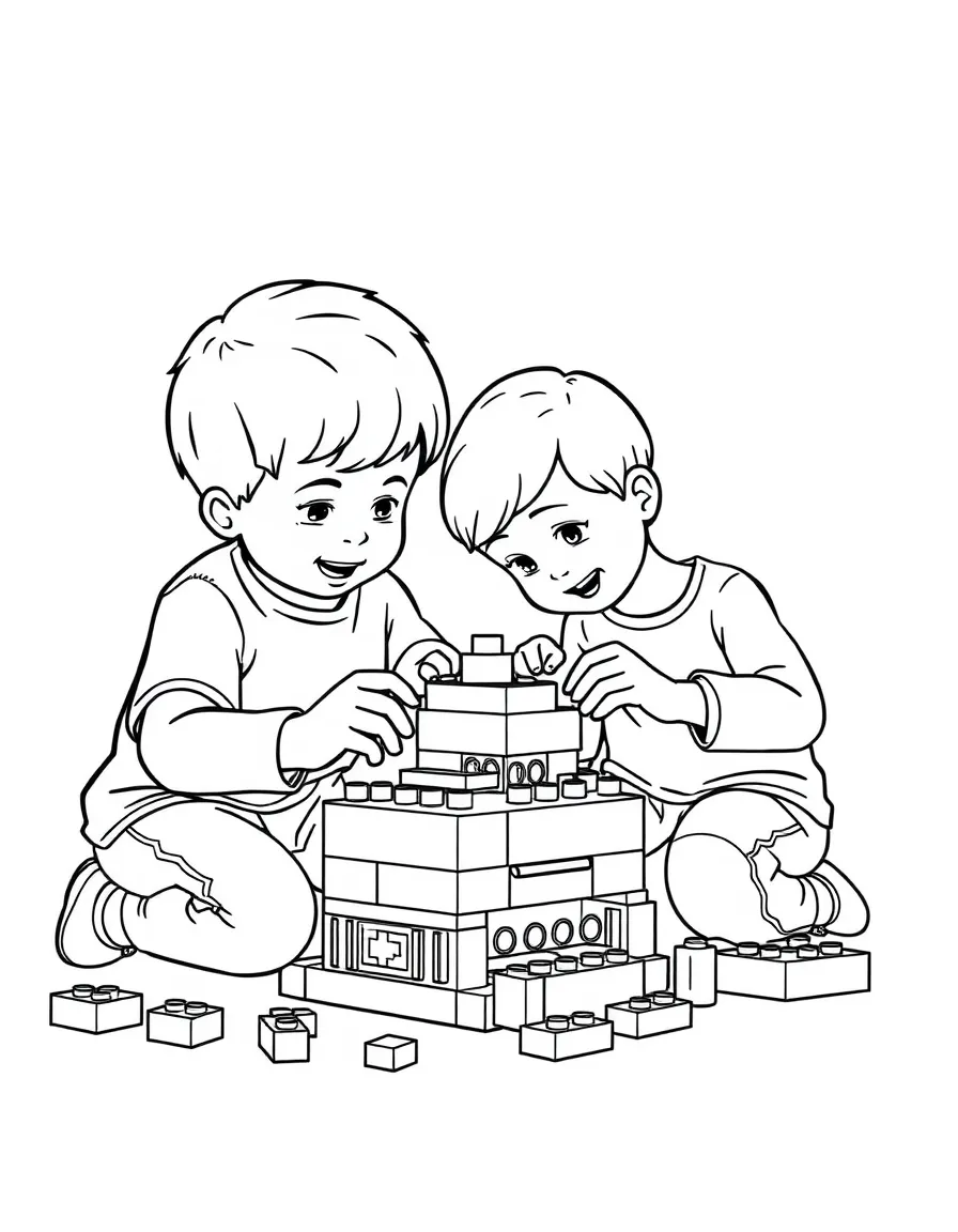 Siblings building a LEGO creation together